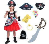 Rabtero Costume pirata per bambini, ragazze aggiornato Deluxe Pirate Princess Dress, con 7pcs Accessori pirata per bambini 7-8 anni
