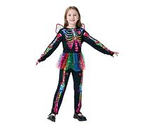 Rabtero Costume scheletro di Halloween per bambini, Halloween scheletro Fancy Dress Up, arcobaleno cranio osso vestito con ali per ragazze 5-6 anni