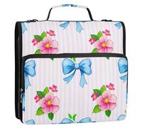 Raccoglitore a 3 anelli a D con cerniera e motivo a fiori e foglie blu, rosa, 3,8 cm, con tracolla, cartellina con manico