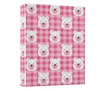 Raccoglitore a 3 anelli a quadretti rosa con faccia di orso 3,8 cm, raccoglitore ad anelli rotondo, contiene 200 documenti, per casa, scuola, ufficio