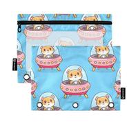 Raccoglitore a 3 anelli, astuccio per matite con simpatico criceto, astronavi, con cerniera, per matite e matite, astuccio per la scuola, morbido, 24,9 x 18 cm, confezione da 2