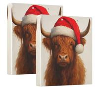 Raccoglitore a 3 anelli, con 3 tasche interne, motivo mucca delle Highland natalizie, 3 anelli, per scuola e ufficio, confezione da 2