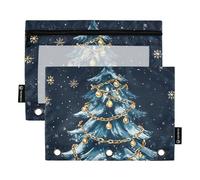 Raccoglitore a 3 anelli con albero di Natale blu, stella dorata, con cerniera, per la scuola, con tasche trasparenti, rosa, 24,9 x 18 cm, 2 confezioni