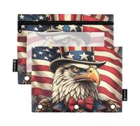 Raccoglitore a 3 anelli con aquila calva, zio Sam, con cerniera, astuccio per matite e matite, moderno, trasparente, per la scuola, rosa, 24,9 x 18 cm, 2 confezioni