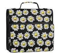 Raccoglitore a 3 anelli con cerniera con manico e tracolla rimovibile, tasche multiple portfolio portatile per scuola giallo bianco margherite fiori