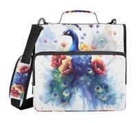 Raccoglitore a 3 anelli con cerniera con tracolla a forma di fiore di pavone J raccoglitore espandibile cartella di archiviazione tasche multiple