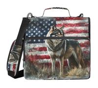 Raccoglitore a 3 anelli con cerniera con tracolla bandiera americana lupo strisce una borsa raccoglitore espandibile cartella di archiviazione tasche multiple