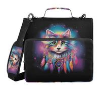 Raccoglitore a 3 anelli con cerniera con tracolla Neon Dream Catcher Cat Binder Bag espandibile cartella di archiviazione tasche multiple