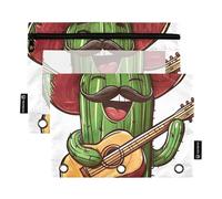 Raccoglitore a 3 anelli con divertente cactus, chitarrista, con cerniera, per scuola, tasche trasparenti, colori pastello, 24,9 x 18 cm, confezione da 2