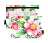 Raccoglitore a 3 anelli con fiori rosa, foglie verdi e bianche, con cerniera, stampa artistica, tasche trasparenti, colori pastello, 24,9 x 18 cm, 2 confezioni