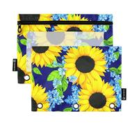 Raccoglitore a 3 anelli con girasoli gialli e fiori blu, astuccio con cerniera, astuccio per matite, penne, pastelli, scuola, raccoglitori trasparenti, tasche da lavoro, 24,9 x 18 cm, 2 confezioni