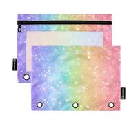 Raccoglitore a 3 anelli, con glitter, arcobaleno, con cerniera, astuccio per matite e penne, raccoglitori per la scuola, tasche trasparenti, morbide, 24,9 x 18 cm, 2 confezioni