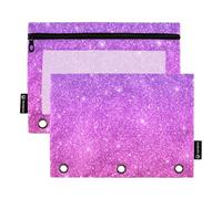 Raccoglitore a 3 anelli con glitter, colore viola, con cerniera, per la scuola, per bambini, tasche trasparenti, 24,9 x 18 cm, 2 confezioni