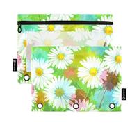 Raccoglitore a 3 anelli con margherite bianche, fiori di campo verdi, con cerniera, per la scuola, con tasche trasparenti, colori pastello, 24,9 x 18 cm, 2 confezioni