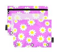 Raccoglitore a 3 anelli con margherite e fiori viola lavanda, con cerniera, per la scuola, con tasche trasparenti per ragazzi, 24,9 x 18 cm, 2 confezioni