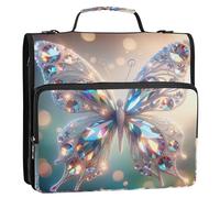 Raccoglitore a 3 anelli con motivo farfalla in cristallo, 3,8 cm, resistente, con cerniera, per scuola media, con tracolla, rosa, con manico