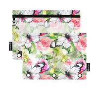 Raccoglitore a 3 anelli con motivo floreale e farfalle, con ali rosa, verde, con cerniera, per la scuola, da donna, tasche trasparenti, 24,9 x 18 cm, 2 confezioni