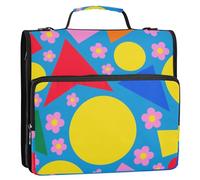 Raccoglitore a 3 anelli con motivo geometrico colorato, fiori rosa, 3,8 cm, con cerniera con manico e tracolla rimovibile, borsa organizer per documenti per la scuola