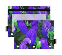 Raccoglitore a 3 anelli con pappagalli viola brillante e foglie verdi, astuccio per matite, matite, matite, con cerniera, per bambini, scuola, trasparenti, 24,9 x 18 cm, 2 confezioni