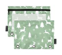 Raccoglitore a 3 anelli con renna bianca e verde, con cerniera, per penne, studenti, scuola, raccoglitori, tasche trasparenti con cerniera, 24,9 x 18 cm, 2 confezioni