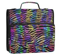 Raccoglitore a 3 anelli con stampa zebra arcobaleno glitterato da 3,8 cm, con cerniera, organizer per la scuola, con tracolla, multi tasche, grande cartella portfolio