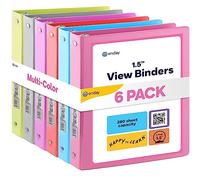 Raccoglitore a 3 anelli, copertina trasparente da 3,8 cm con 2 tasche interne, raccoglitori colorati per la scuola da 1 ½ pollici, in rosa, rosso, blu, viola, verde e grigio, multicolore (6 pezzi