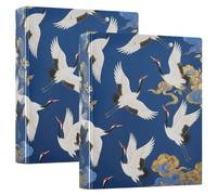 Raccoglitore a 3 anelli da 3,8 cm, blu e oro, con gru giapponese a nuvole, con tasche interne, confezione da 1/2 raccoglitori per la scuola, 200 fogli, confezione da 2