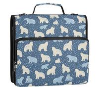 Raccoglitore a 3 anelli da 3,8 cm, con cerniera e manico e tracolla rimovibile, tasche multiple, portfolio portatile per scuola e ufficio, motivo orso polare blu