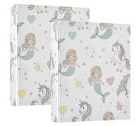 Raccoglitore a 3 anelli da 3,8 cm, con graziose sirene e unicorni, bianco con portablocco, con 3 raccoglitori grandi, per scuola, università, ufficio