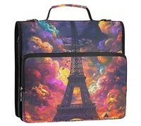 Raccoglitore a 3 anelli da 3,8 cm, con Torre Eiffel, colorato, con cerniera, organizer per la scuola, con tracolla, cartella colorata con manico
