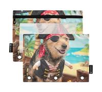 Raccoglitore a 3 anelli da donna, astuccio per matite e matite, con cerniera, raccoglitore per la scuola, con tasche trasparenti, divertente cane pirata, 24,9 x 18 cm, 2 confezioni