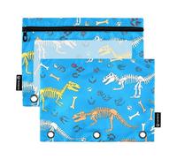 Raccoglitore a 3 anelli da lavoro, astuccio per matite con cerniera, morbido raccoglitore scolastico, tasche trasparenti, scheletri di dinosauro, teschio, blu, 24,9 x 18 cm, 2 confezioni