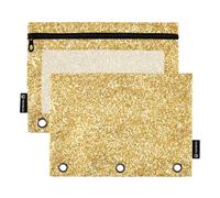 Raccoglitore a 3 anelli dorato glitterato con cerniera, per matite, buste trasparenti per la scuola, tasche trasparenti per studenti, 24,9 x 18 cm, 2 confezioni