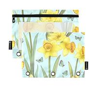 Raccoglitore a 3 anelli giallo con fiori di narciso celeste, con cerniera, per ufficio, scuola, raccoglitori trasparenti con tasche, colori pastello, 24,9 x 18 cm, 2 confezioni