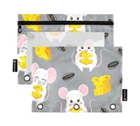 Raccoglitore a 3 anelli per bambini, astuccio per matite e matite, con cerniera, colore rosa, tasche trasparenti con simpatici topolini in stile cartone animato, formaggio, grigio, 24,9 x 18 cm, 2