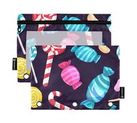 Raccoglitore a 3 anelli per bambini, astuccio per matite, penne, matite con cerniera, grazioso raccoglitore per la scuola, tasche trasparenti, caramelle colorate, nero, 24,9 x 18 cm, 2 confezioni