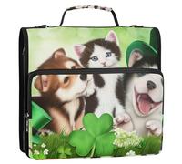 Raccoglitore a 3 anelli per il giorno di San Patrizio con cucciolo di gattino, 3 anelli a D da 3,8 cm, con cerniera, organizer con tracolla, per la scuola, cartella portadocumenti personalizzata con