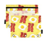 Raccoglitore a 3 anelli per ragazze, astuccio per matite, penne, matite con cerniera, raccoglitore floreale per la scuola, tasche trasparenti, uova di pancetta illustrate, giallo, 24,9 x 18 cm, 2