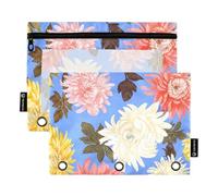 Raccoglitore a 3 anelli per ragazze, con cerniera, per la scuola, con tasche trasparenti, con crisantemo, rosa, 24,9 x 18 cm, 2 confezioni