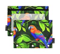 Raccoglitore a 3 anelli per ragazzi, astuccio con cerniera, astuccio per matite, penne, pastelli, scuola, raccoglitori trasparenti, tasche con uccelli vivaci, foglie verdi, 24,9 x 18 cm, 2 confezioni