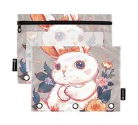 Raccoglitore a 3 anelli per ragazzi, astuccio con cerniera, matite e matite per la scuola, tasche trasparenti, con graziosi coniglietti e fiori, 24,9 x 18 cm, 2 confezioni