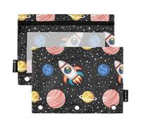 Raccoglitore a 3 anelli per studenti, astuccio con cerniera, astuccio per matite e matite, matite e matite trasparenti, motivo pianeti, nero, 24,9 x 18 cm, 2 confezioni