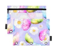 Raccoglitore a 3 anelli per studenti, astuccio con cerniera, astuccio per matite, penne, raccoglitori scolastici, tasche trasparenti, farfalle colorate, fiori di camomilla, viola, 24,9 x 18 cm, 2