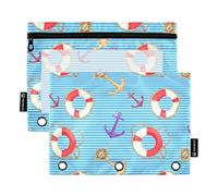 Raccoglitore a 3 anelli per studenti, astuccio per matite con cerniera, colori pastello, per scuola, trasparenti, tasche salvagente nautico, strisce blu, 24,9 x 18 cm, 2 confezioni