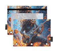 Raccoglitore a 3 anelli per ufficio, con cerniera, per la scuola, con tasche trasparenti, motivo teschio e chitarra, 24,9 x 18 cm, confezione da 2