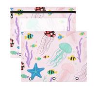 Raccoglitore a 3 anelli tascabili per matite portatili a 3 anelli, confezione da 2 pezzi, per studenti di ritorno a scuola sotto l'oceano, animali, meduse, stelle marine, rosa, colorato, bolsa per
