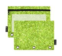 Raccoglitore a 3 anelli verde scintillante con glitter, astuccio con cerniera per matite e matite personalizzate, per la scuola, trasparenti, tasche per ragazzi, 24,9 x 18 cm, 2 confezioni
