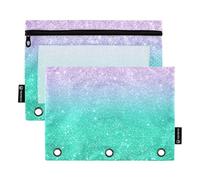 Raccoglitore a 3 anelli viola foglia di tè glitter sfumato cerniera raccoglitore matite borse divertenti stampe scuola raccoglitori tasche trasparenti 24,9 x 18 cm, 2 confezioni