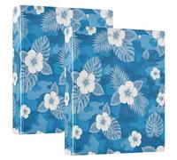 Raccoglitore a tre anelli, con fiori bianchi e foglie tropicali, blu, con portablocco, grande, 3 raccoglitori per scuola, università, ufficio