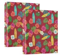 Raccoglitore a tre anelli, con foglie di palma tropicali, colore rosso, con portablocco, 3 raccoglitori per scuola, università, ufficio (taglia unica1)